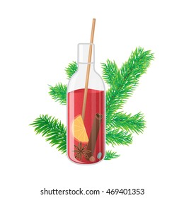 Vector illustration of mulled wine with Christmas tree branch.