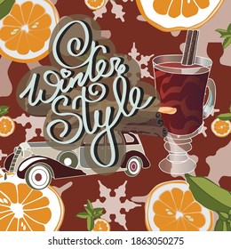 Vector illustration with mulled wine and cinnamon on the red background