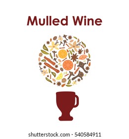 vector illustration of mulled wine glass with circle shaped spices and dried fruits on the top as Christmas drink concept