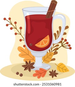 Ilustración vectorial de vino caliente. Bebida caliente dibujada a mano, especias y hojas de otoño