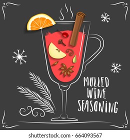 Vector illustration of mulled wine. Hand drawn wineglass with seasoning and fruits on black background.