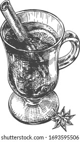 Vector illustration of mulled wine set. Glass cup, cinnamon stick, orange slice. Citrus fruits, herbs, spices. Clove, anise star, ginger, pear, apple sliced, honey honeycombs. Vintage hand drawn style