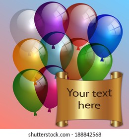 Vector illustration of multi color air balloons and golden plate