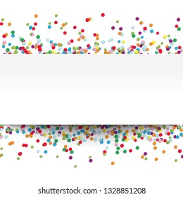 vector illustration of multi colored confetti with free white banner for text for carneval or party time on white background