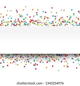 vector illustration of multi colored confetti with free white banner for text for carneval or party time on white background