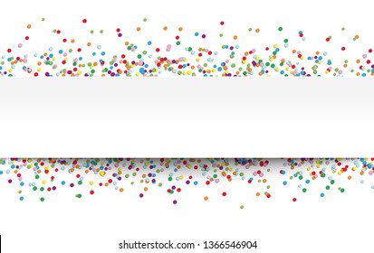 vector illustration of multi colored confetti with free white banner for text for carneval or party time on white background