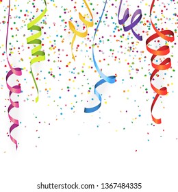 vector illustration of multi colored confetti and streamers for carneval or party time on white background