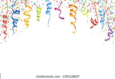 vector illustration of multi colored confetti and streamers for carneval or party time on white background