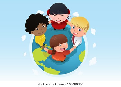 Una ilustración vectorial de los niños multiétnicos que se ocupan del concepto de diversidad