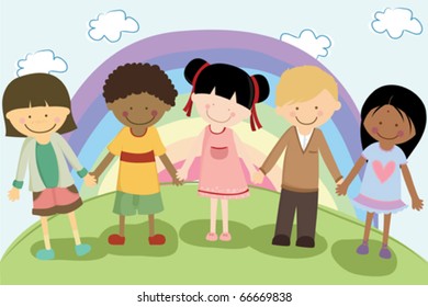 A vector illustration of multi ethnic children holding hands for diversity concept