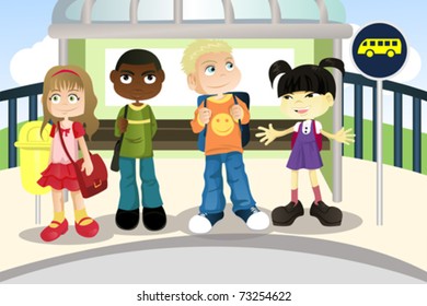 A vector illustration of multi ethnic children waiting at a bus stop