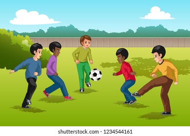 A vector illustration of Multi Ethnic Group of Kids Playing Soccer