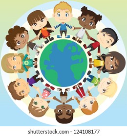 A Vector Illustration Of Multi Ethnic Group Of Children Holding Hands Around The Globe