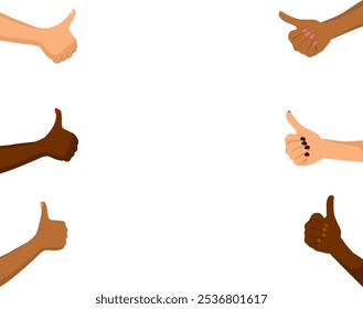 Vector illustration of multi ethnic hands making thumbs up. Unity, positivity, and support across cultural boundaries concept