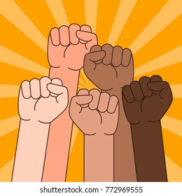 A vector illustration of Multi Ethnic People With Raised Fist