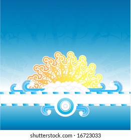 Vector illustration of a multi layered sunny summer background design. Empty striped frame for custom text, funky floral sun, water wave splashes and retro clouds.