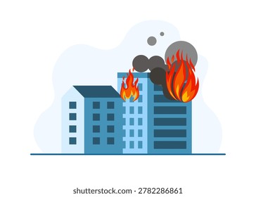 A vector illustration of multi story apartment buildings on fire with large orange flames and dark smoke clouds. Stock illustration.