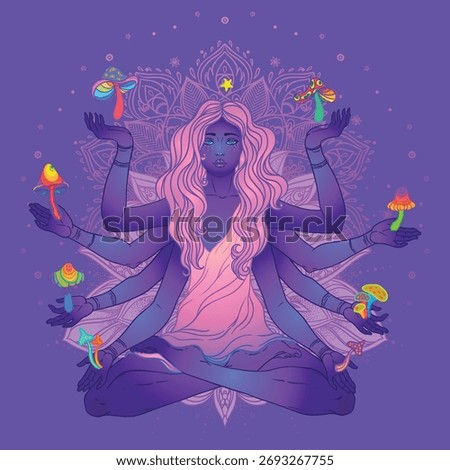 Vector illustration of a multi-armed goddess sitting in lotus pose surrounded by mushrooms. Spiritual and psychedelic concept inspired by Lakshmi, symbolizing harmony, nature, and inner awakening.