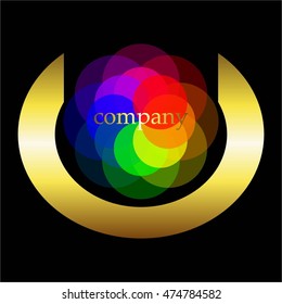 Vector illustration of Multicolor abstract shapes over black background. Gold text.