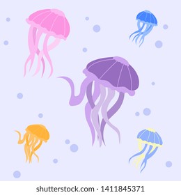 a vector illustration of multicolor cartoon jellyfishes in deep sea