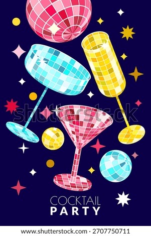 Vector illustration of multicolor champagne, martini, cocktail glass with mirrored disco ball texture. Party banner, poster, holiday invitation design elements. Birthday celebration background