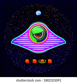 Vector illustration. Multicolor composition. Alien in a flying saucer on the background of outer space. Planet. Cover design.