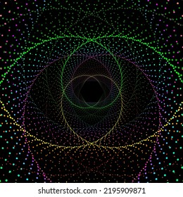 Vector illustration of multicolor dotted spiral vortex background. Green, pink, cyan, blue, yellow, and orange swirl pattern dots wallpaper.