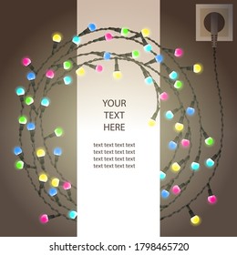 Vector illustration of multicolor electric led garland connected to the electric socket