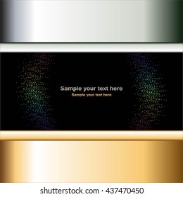 Vector illustration of Multi-color lights on the black background. Silver and gold ribbon.