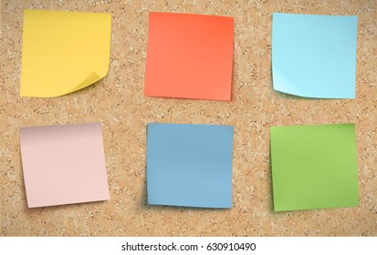 Vector illustration of multicolor post it notes on detailed cork bulletin board.