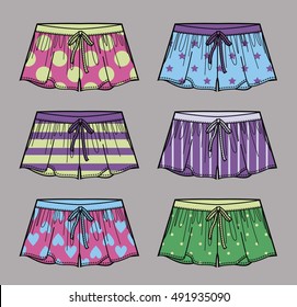 Vector illustration of multicolor shorts. Cute silk shorts. Front views.