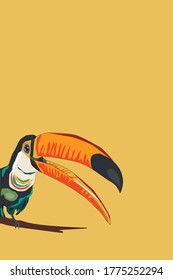 Vector illustration of a multicolor tropical bird Toucan on a yellow background. Vector image for print on clothes, textiles, posters, invitations.(eps.10)