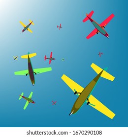 Vektorillustration-Illustration von mehrfarbigen Flugzeugen, die in einem Kreis in einem blauen Himmel fliegen.