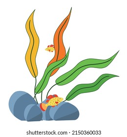ilustración vectorial de algas multicolores con peces amarillos sobre fondo blanco.