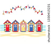 vector illustration multicolored beach huts on the seashore, beach summer print on clothes