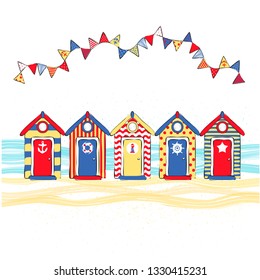 vector illustration multicolored beach huts on the seashore, beach summer print on clothes