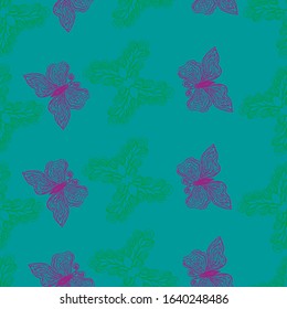 
Vector illustration. Multicolored bright seamless pattern in the form of abstract butterflies. Design for wrapping paper, wallpaper, covers, backgrounds.