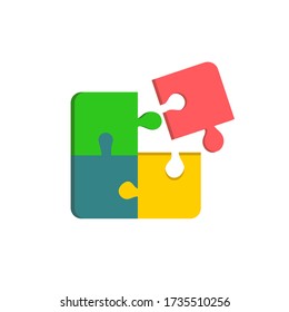 Ilustración vectorial de rompecabezas rotas multicolores con un elemento separado. Concepto de juegos de lógica de trabajo del equipo de salud mental. etiqueta de icono con sombra de caída