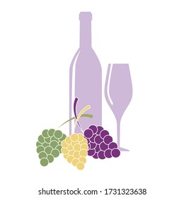 Vector illustration of multi-colored clusters of grapes, a bottle and glasses on a white background. Template, icon or element for your design.