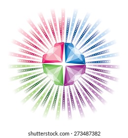 Vector illustration of multicolored diamonds shining. Shining and diamonds are on separate layers.