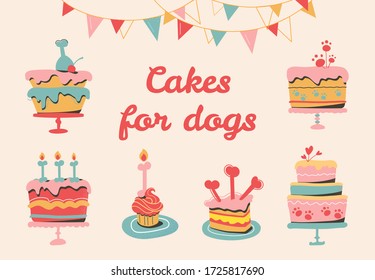 Vector illustration of multi-colored dog pies, holiday garlands for a party. Сakes for your dog's birthday party. Pet's goodies, bones, bakery products for puppies. Isolated on beige background