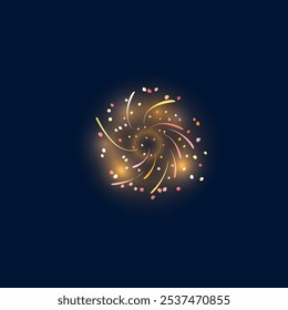 Ilustración vectorial de fuegos artificiales multicolores con luces doradas brillantes y huellas voladoras. Saludo festivo sobre fondo negro aislado. Decoración para vacaciones, festivales y cumpleaños. Estilo plano.