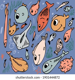 Vector illustration multicolored fish on a blue background