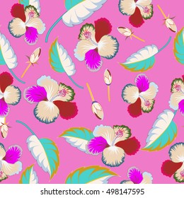Vector illustration of multicolored flowers, leaves and buds on a violet background. Seamless pattern with multicolor flowers. Floral background.
