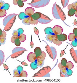Vector illustration of multicolored flowers, leaves and buds on a white background. Seamless pattern with multicolor flowers. Floral background.