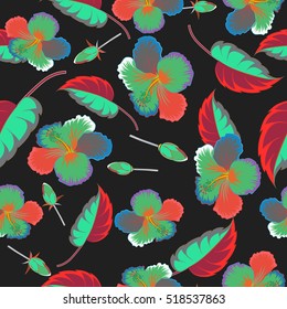 Vector illustration of multicolored flowers, leaves and buds on a black background. Seamless pattern with multicolor flowers. Floral background.