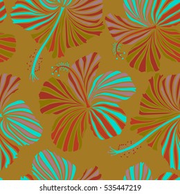 Vector illustration of multicolored flowers, leaves and buds on a brown background. With multicolor flowers. Floral background.