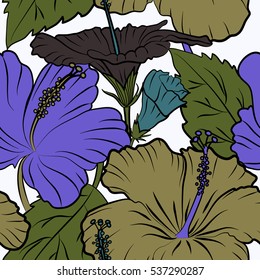Vector illustration of multicolored flowers, leaves and buds on a neutral background. Seamless pattern with multicolor flowers. Floral background.