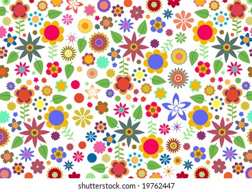 Vector illustration of multicolored funky flowers and leaves abstract pattern on white background