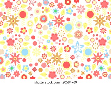Vector illustration of multicolored funky flowers and leaves retro pattern on white background